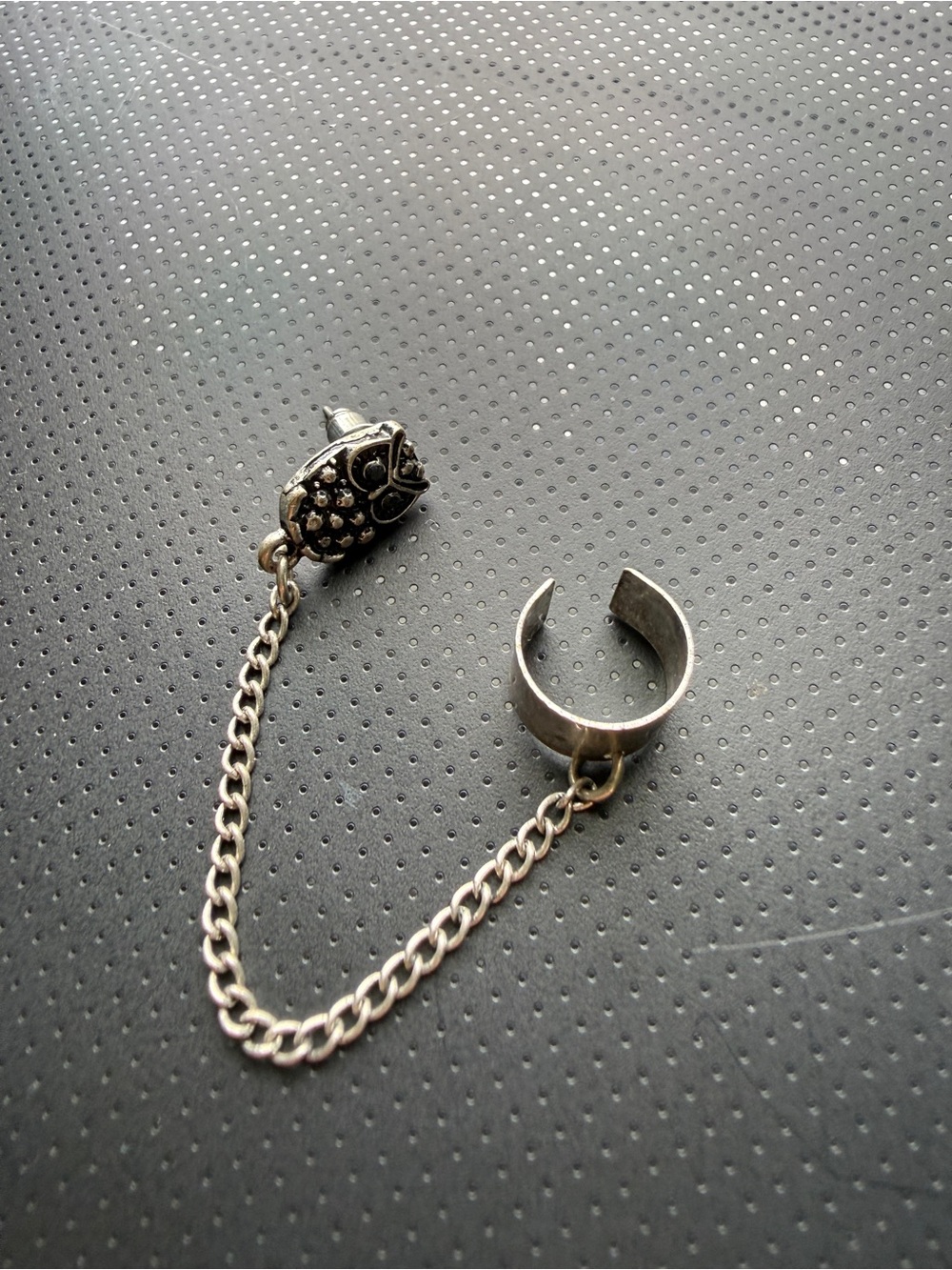 Antique Silver-Tone Owl Chain Ear Cuff and Stud Set